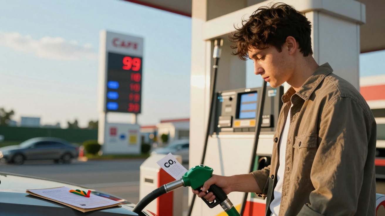 Jovem abastecendo carro com gasolina verde em posto, segurando papel com símbolo de CO2.