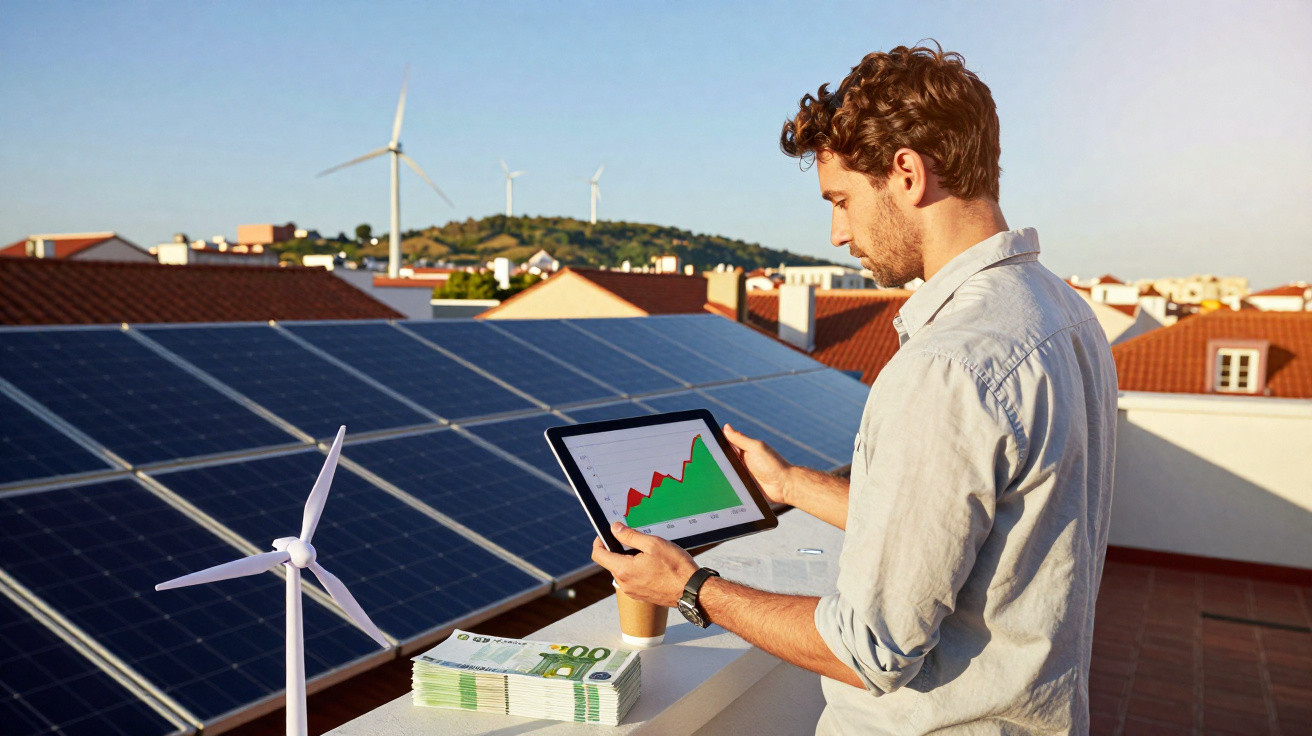 Homem usando tablet com gráfico, perto de painéis solares, turbinas eólicas e dinheiro na cobertura de casas.