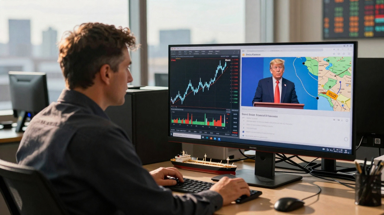 Homem observando gráficos financeiros e discurso de político em tela widescreen no escritório.