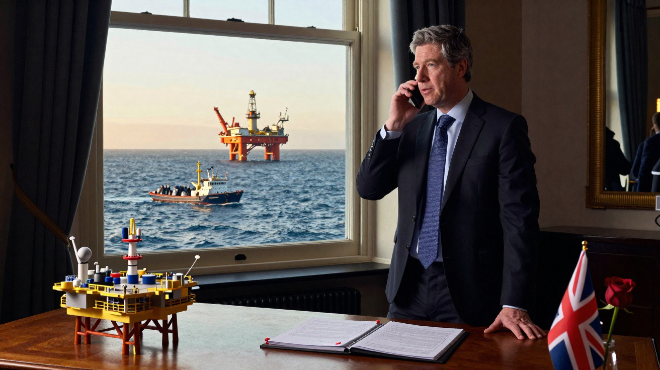 Homem de terno fala ao telefone em escritório com maquete de plataforma petrolífera, janela com visão do mar e plataforma rea