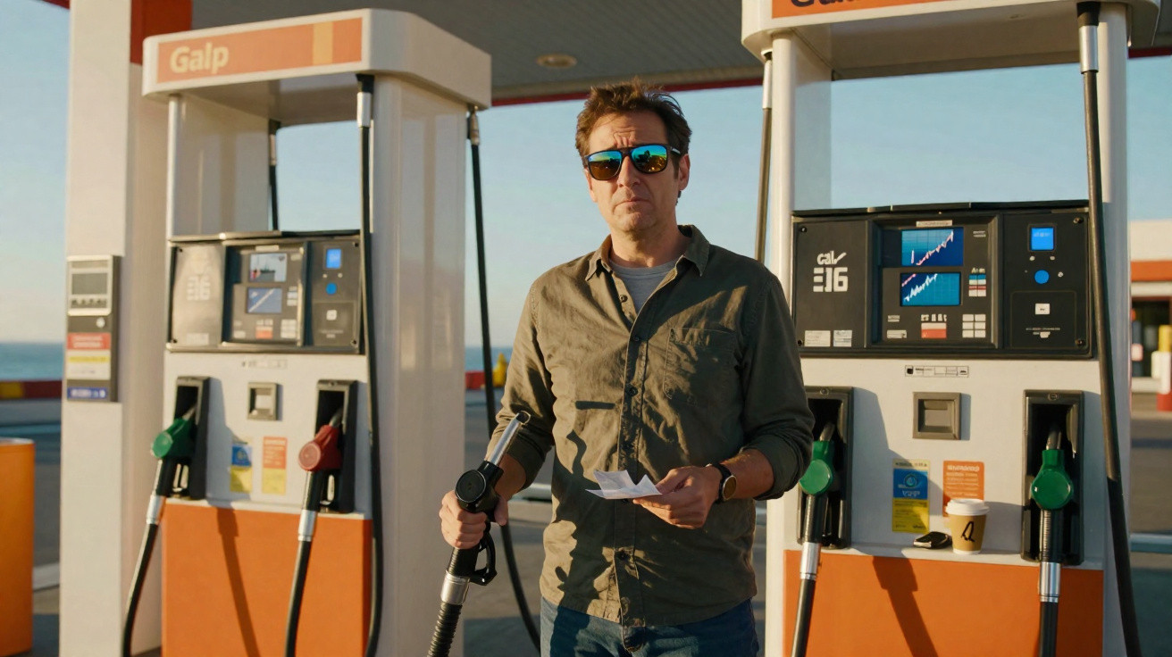 Homem de óculos escuros segurando bomba de combustível em posto de gasolina Galp, durante o dia.