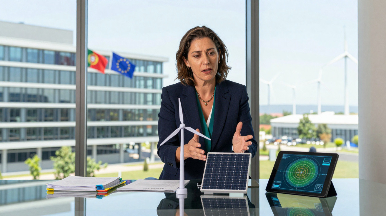 Mulher em escritório apresentando modelos de turbina eólica e painel solar com gráficos em tablet ao lado.