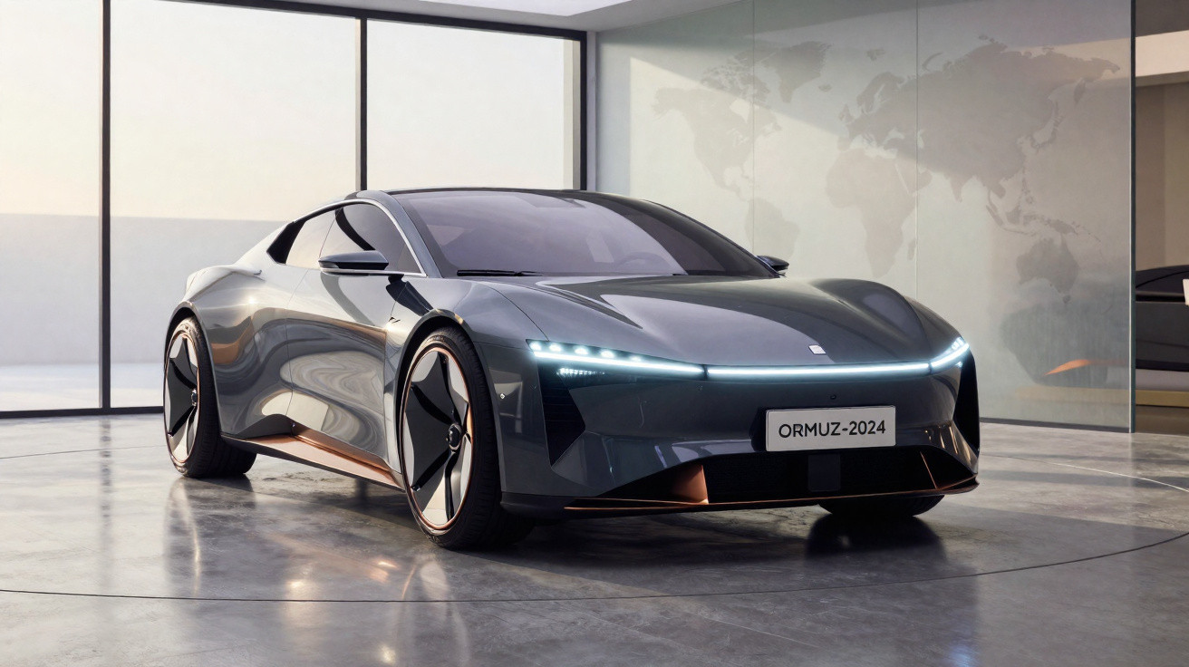 Carro esportivo elétrico cinza futurista em showroom com luzes de LED ligadas e placa "ORMUZ-2024".