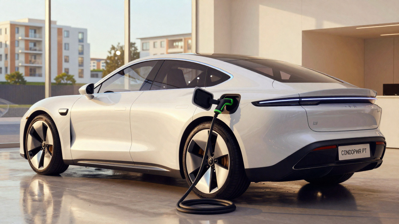 Carro elétrico branco carregando em estação de recarga em ambiente urbano moderno.