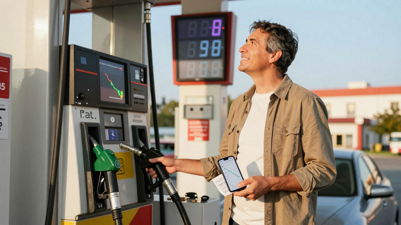 Homem com camisa bege abastece carro em posto de gasolina enquanto segura celular e nota fiscal.