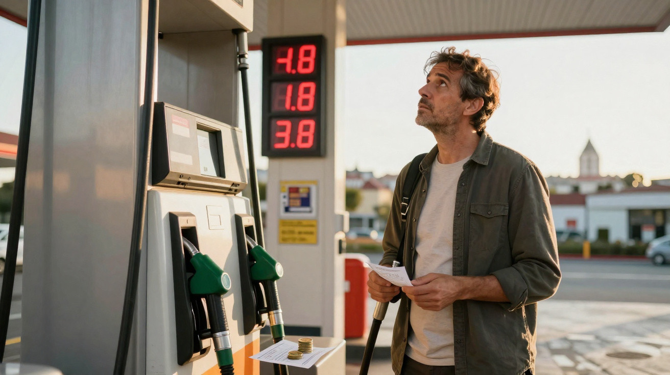 Homem em posto de gasolina observa valores altos no painel de preços dos combustíveis.