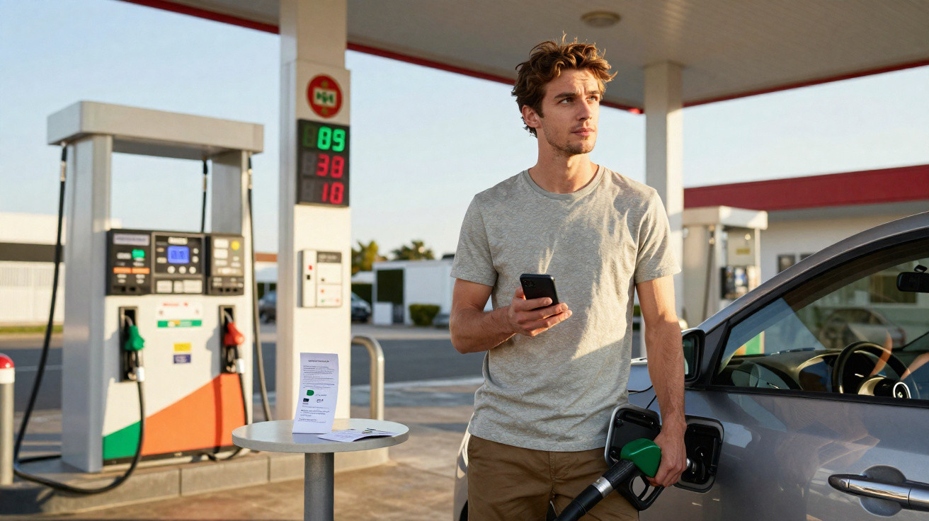 Homem com camiseta cinza abastecendo carro cinza em posto de gasolina ao ar livre ao entardecer.