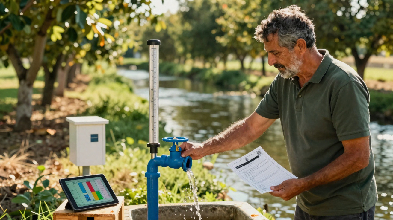 Homem coleta água de uma torneira azul ao ar livre, ao lado de tablet com gráfico e papel com anotações.