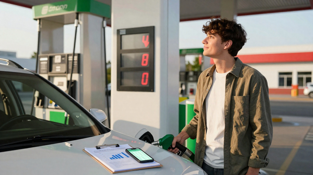Jovem abastecendo carro em posto de gasolina, olhando para frente com prancheta e celular sobre o capô.