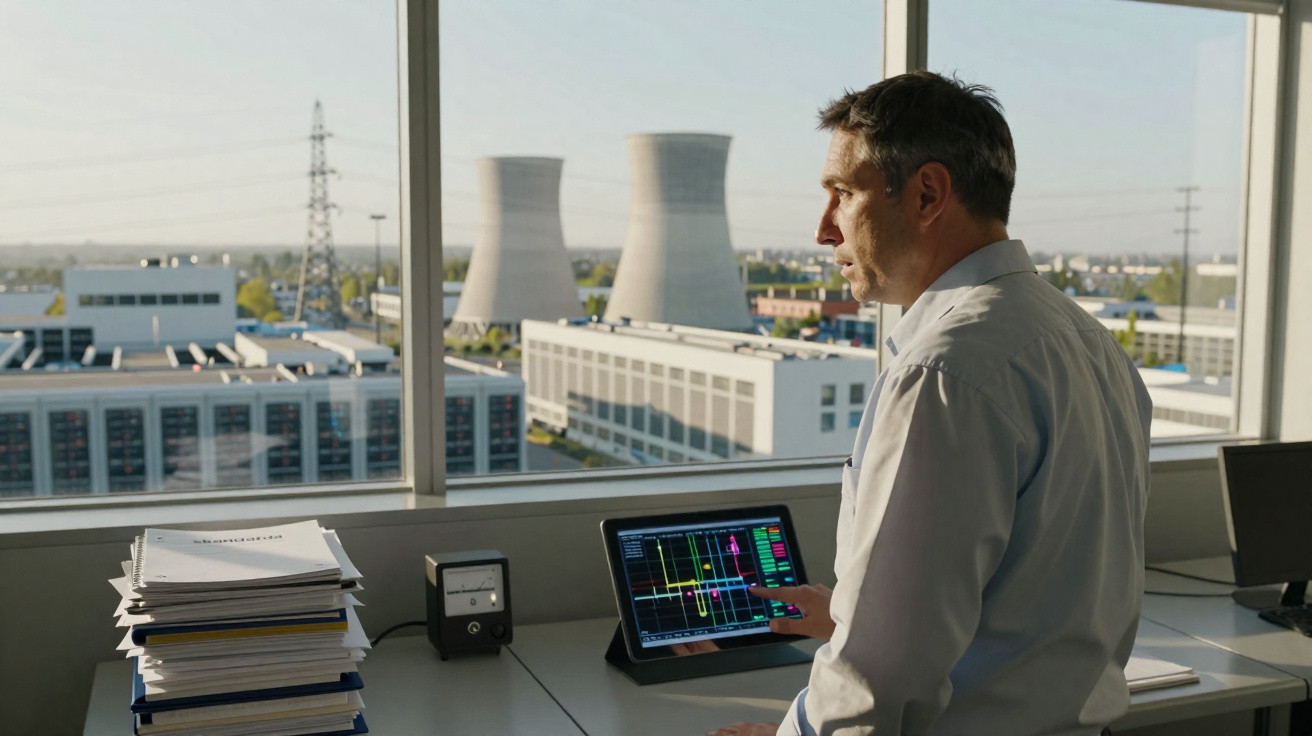 Homem em escritório olhando painel eletrônico com usina nuclear visível pela janela.