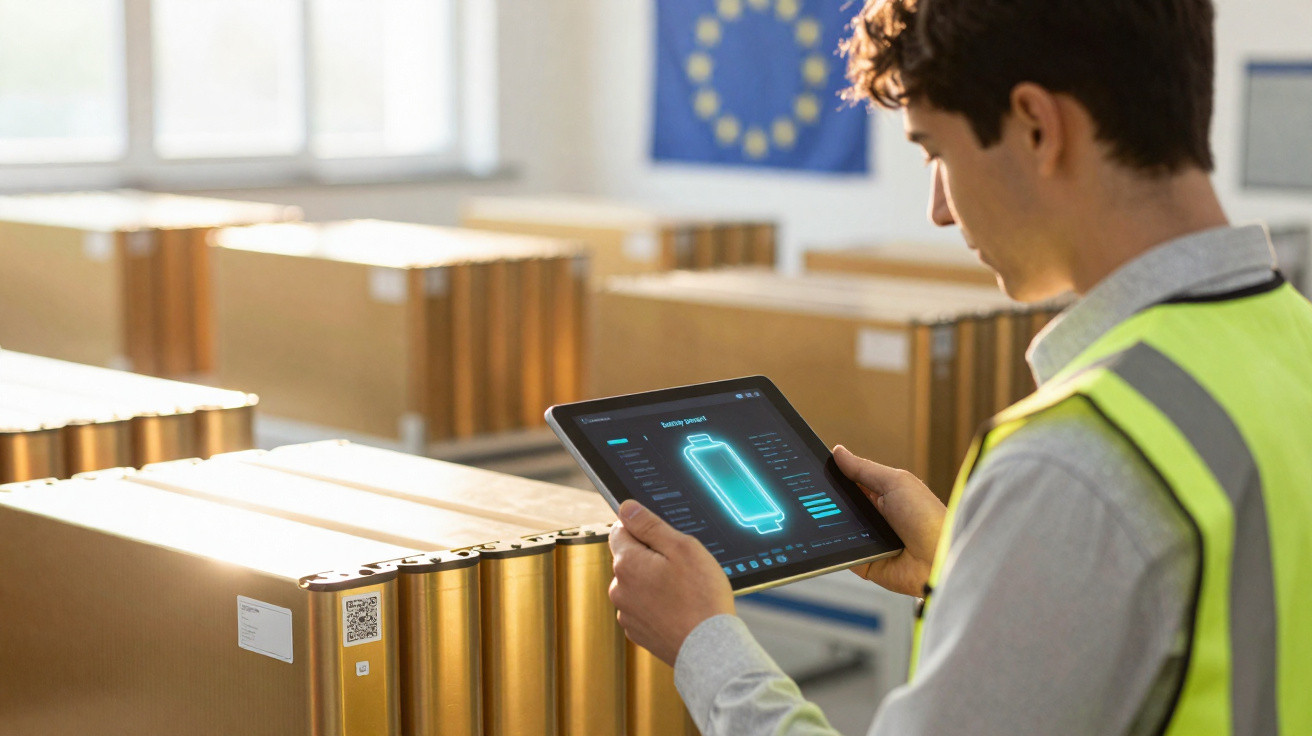 Homem com colete refletivo usa tablet para inspecionar baterias em ambiente industrial iluminado pela manhã.