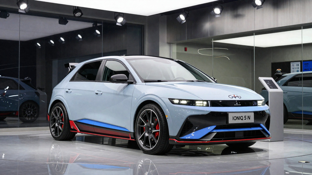 Carro Hyundai Ioniq 5 N cinza com detalhes azuis e vermelhos em exposição interna moderna.