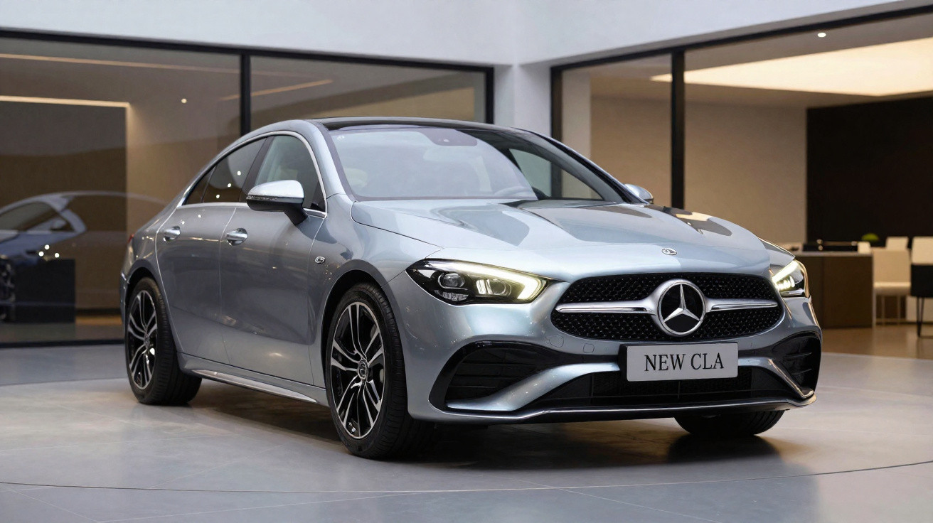 Carro prata Mercedes-Benz New CLA exibido em ambiente interno moderno com iluminação suave.