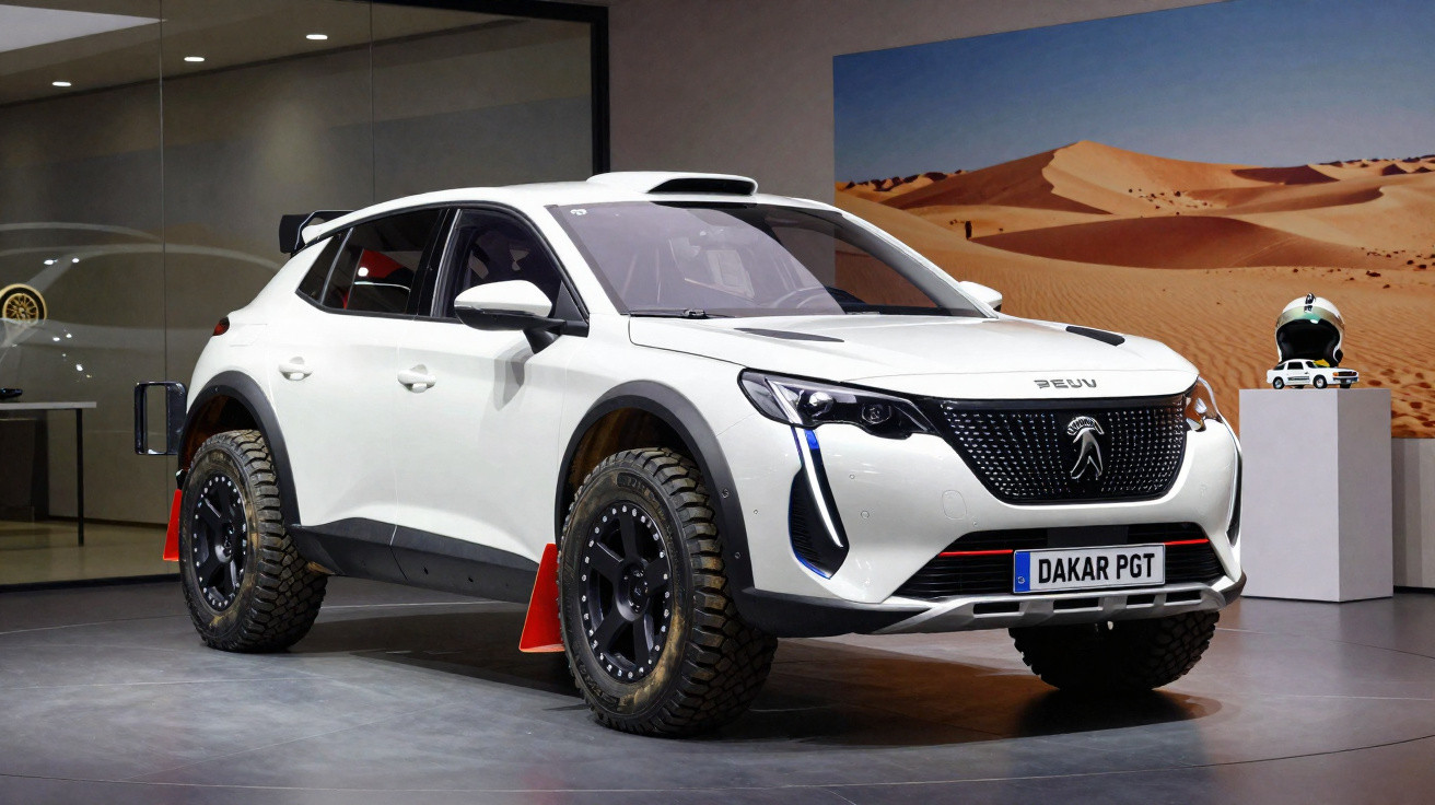 Carro esportivo branco todo-terreno exposto em salão com pneus off-road e placa "DAKAR PGT".