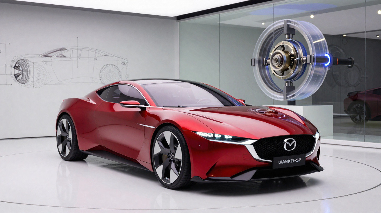Carro esportivo vermelho Mazda Wankel-SP em exposição com desenho técnico e motor ao fundo.