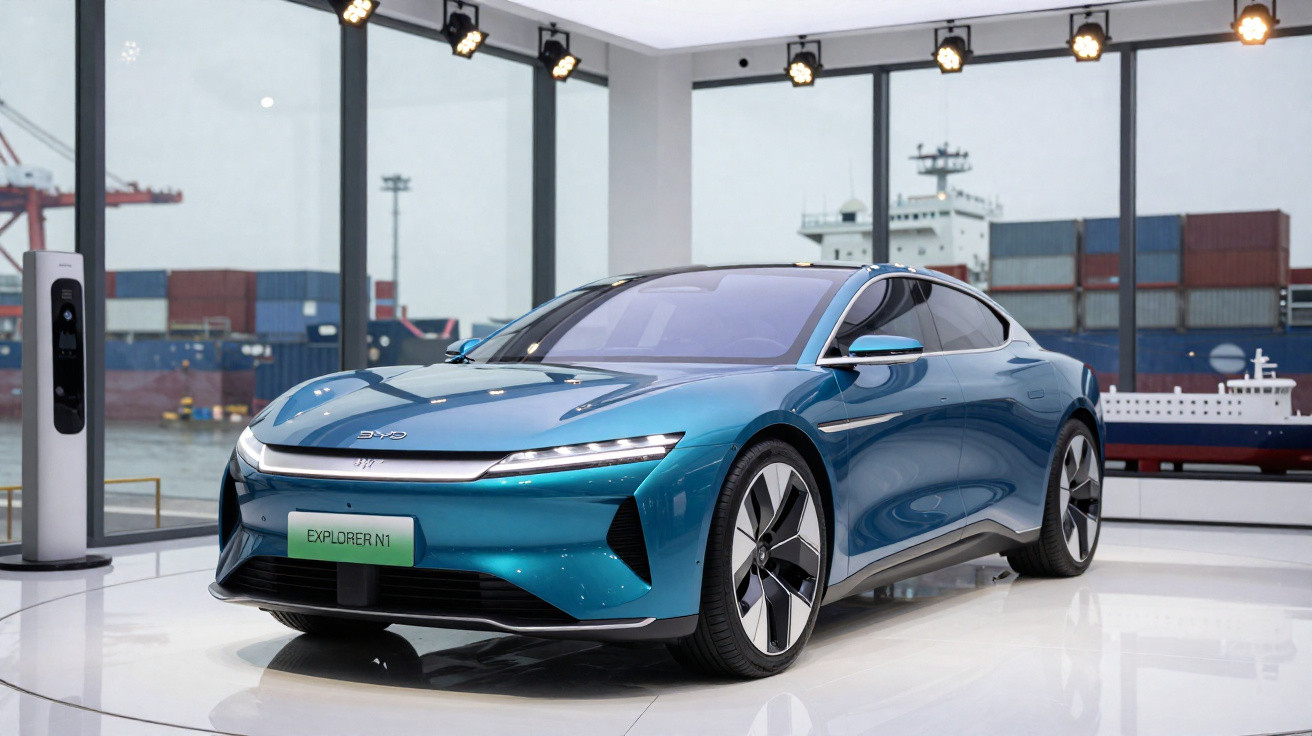 Carro elétrico azul em exposição, com design moderno e carregador ao lado, com containers e navio ao fundo.