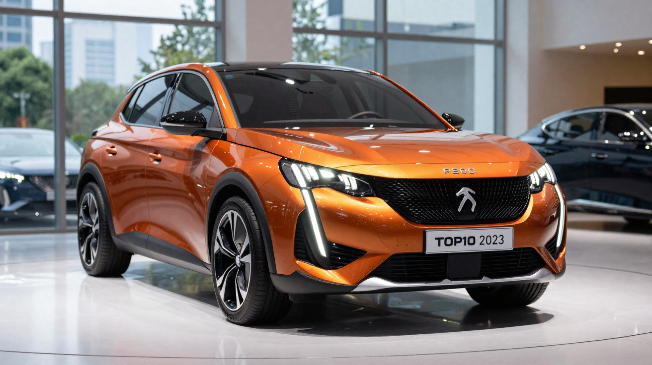 Carro elétrico SUV compacto laranja da Peugeot exposto em salão de veículos com luzes acesas.