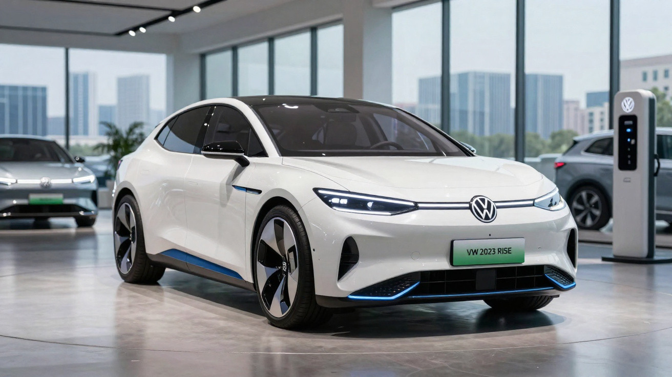 Carro elétrico branco Volkswagen VW 2023 Rise em showroom moderno com grandes janelas e outras unidades ao fundo.