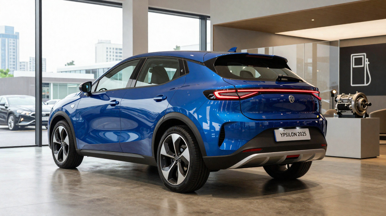 Carro elétrico azul Ypsilon 2025 exibido em showroom moderno com piso de cimento polido.