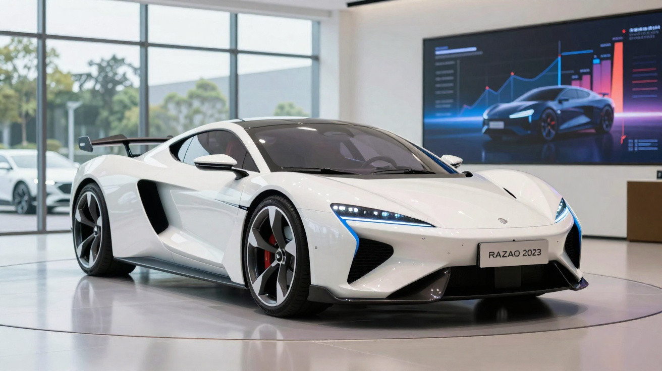 Carro esportivo branco futurista Razao 2023 em exposição dentro de showroom moderno com tela ao fundo.
