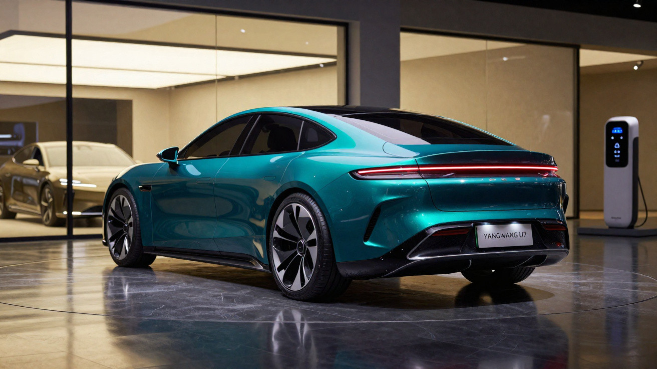 Carro elétrico verde metálico Yangwang U7 estacionado ao lado de um carregador em showroom moderno.