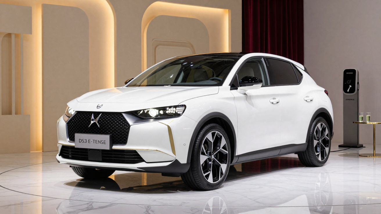 Carro elétrico DS3 E-Tense branco em exposição interna com iluminação amarela suave.