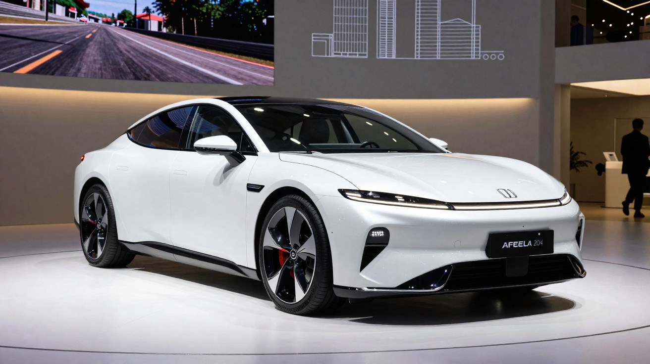 Carro elétrico branco Afeela 2024 em exposição moderna com design aerodinâmico e rodas esportivas.