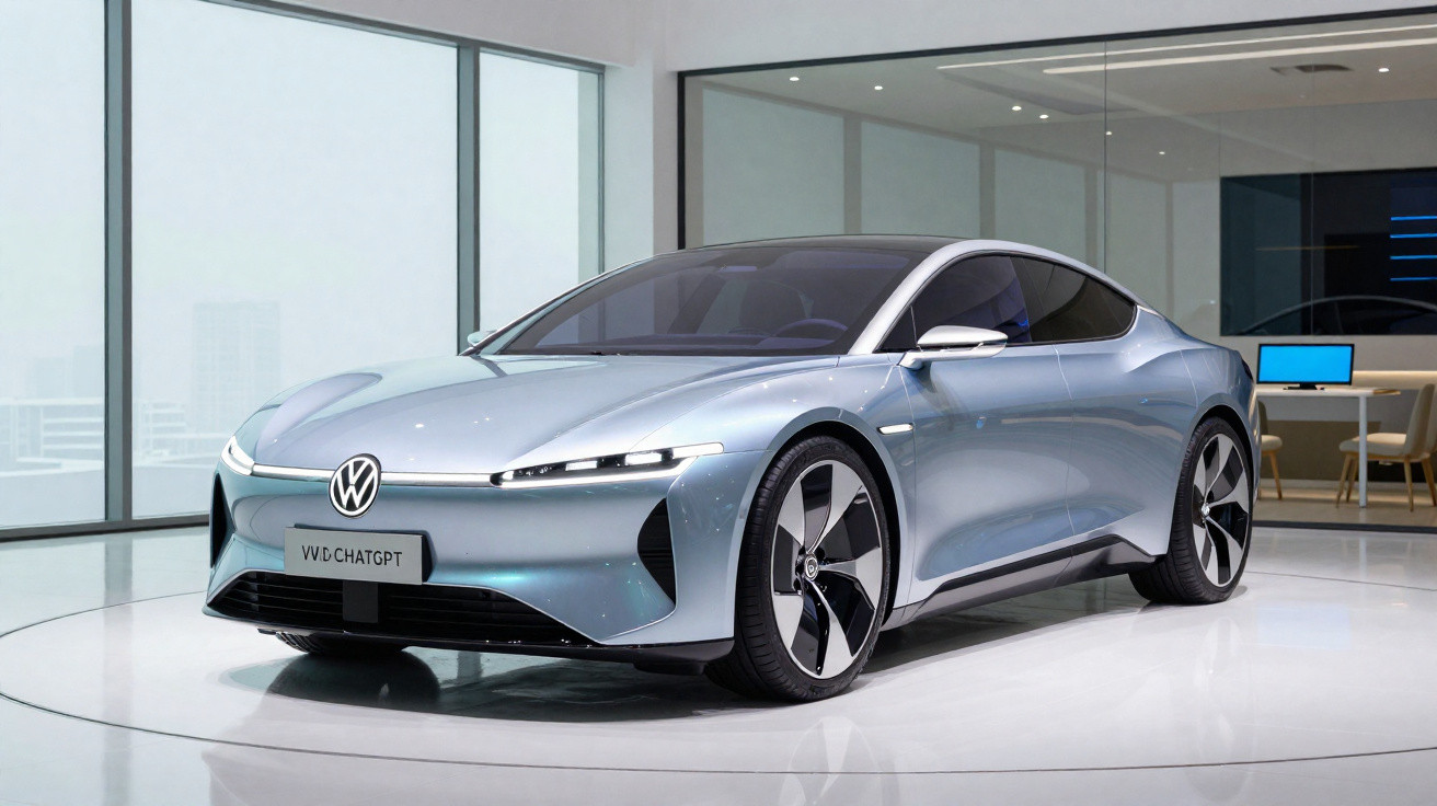 Carro elétrico Volkswagen sedã futurista prateado exibido em showroom moderno com janelas amplas.