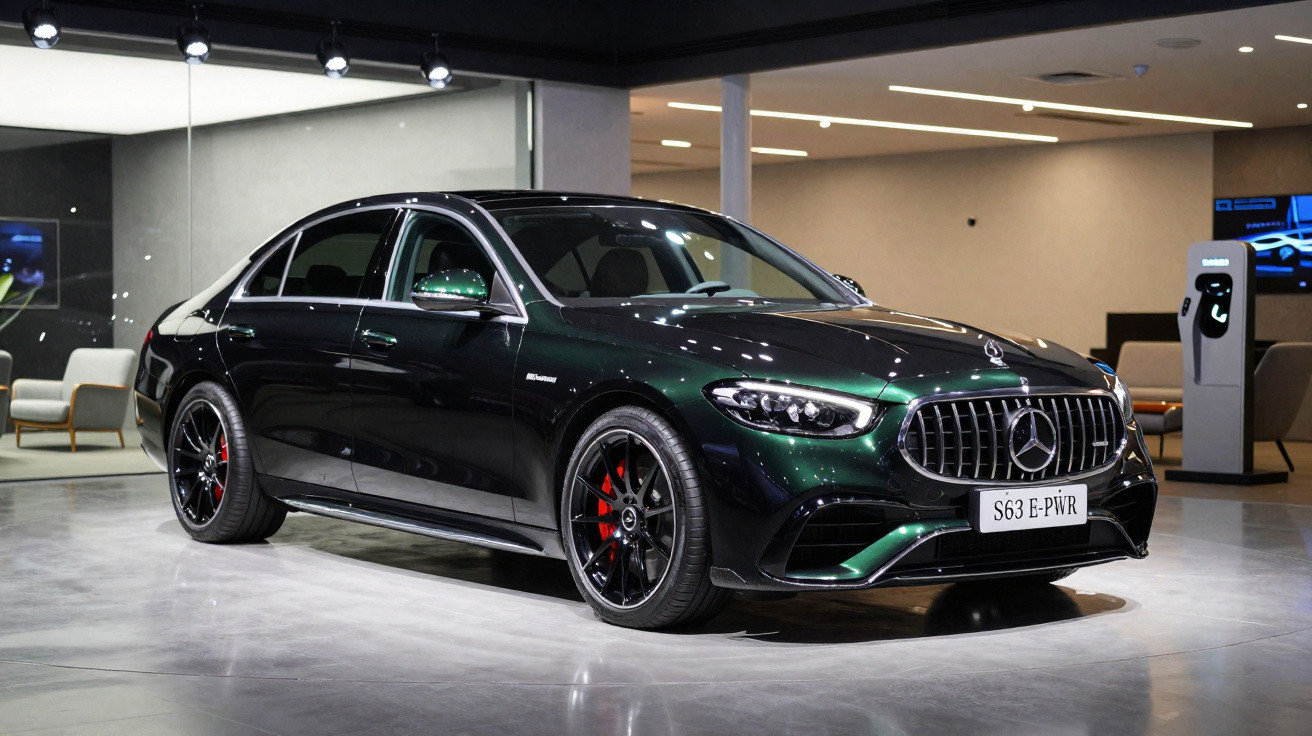 Carro esportivo Mercedes-Benz S63 E-PWR preto em exposição interna, com rodas pretas e freios vermelhos.