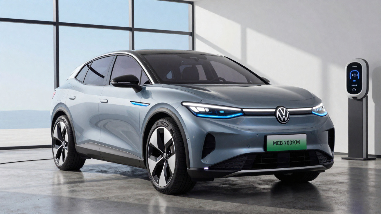 Carro elétrico cinza Volkswagen ID.5 em ambiente interno ao lado de estação de recarga.