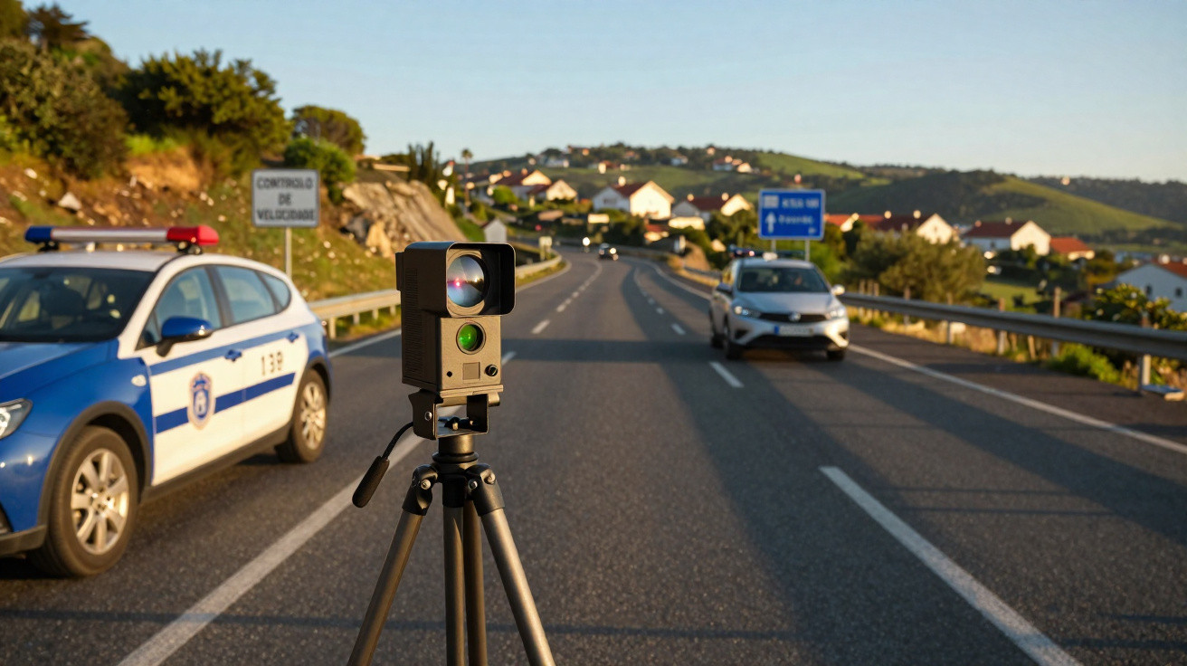 Radar de controle de velocidade instalado na beira de estrada com viatura policial estacionada.