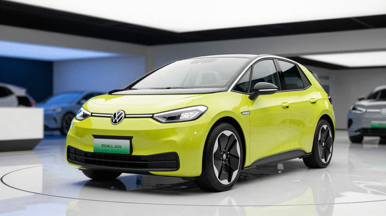 Carro elétrico Volkswagen ID.2 All 2026 verde em showroom moderno com teto branco e fundo azul.