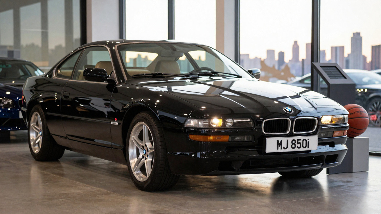 Carro esportivo BMW preto modelo antigo exposto em ambiente interno com iluminação natural.