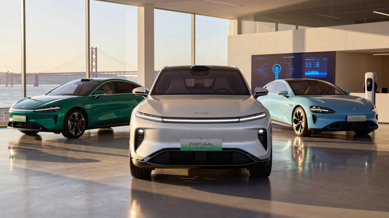 Três carros elétricos BYD estacionados em showroom moderno com vista para ponte suspensa ao fundo.