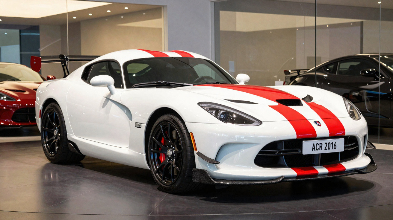 Carro esportivo branco com duas faixas vermelhas longitudinais, placa ACR 2016, em showroom.