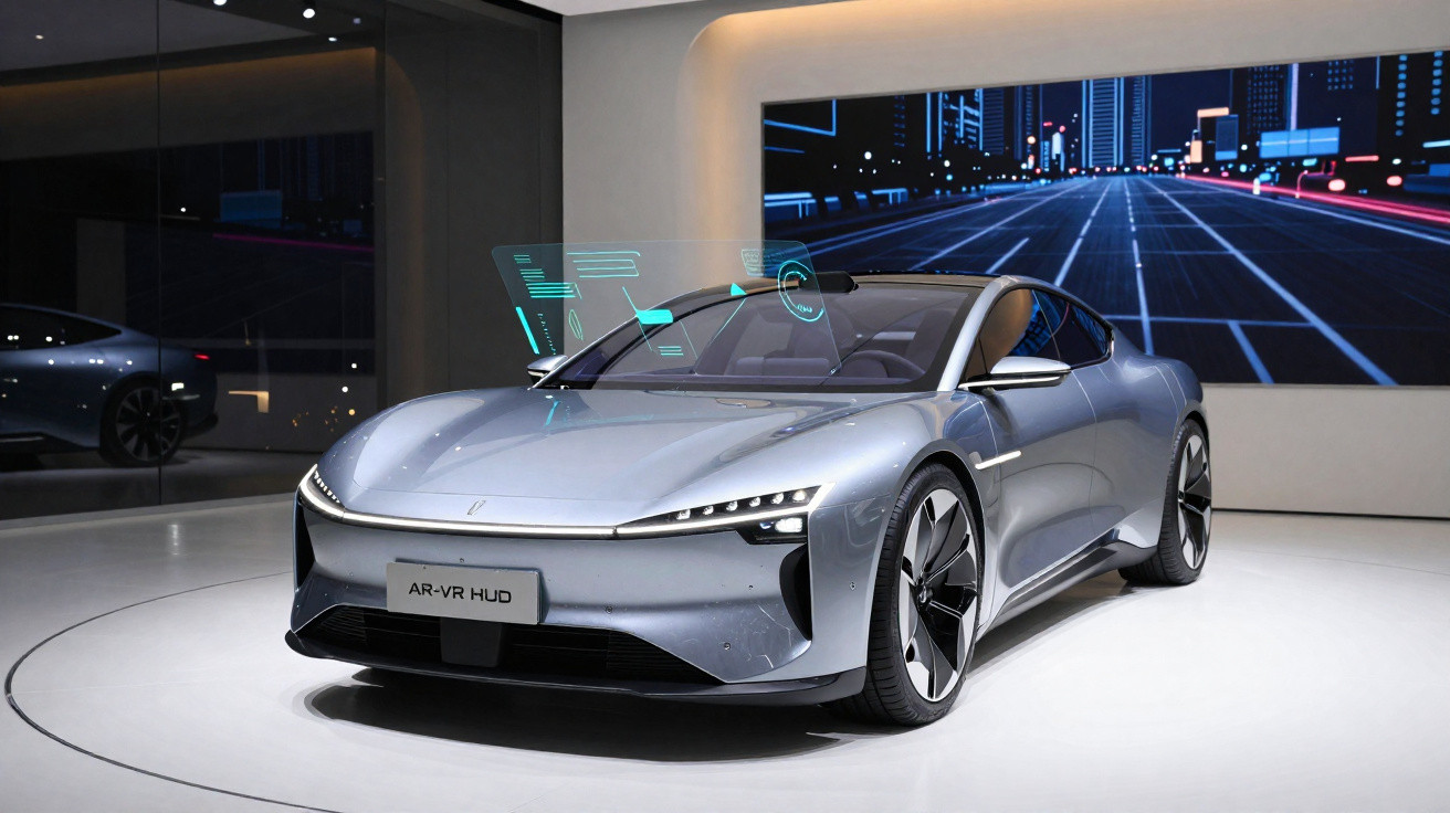 Carro esportivo elétrico prata exposto em sala moderna com painel digital futurista ao fundo.