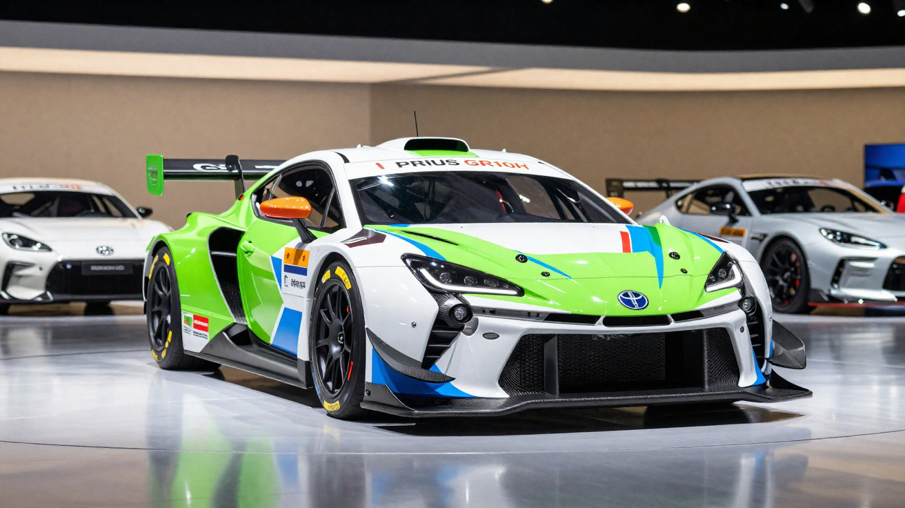 Carro de corrida Toyota Prius GR GT4 branco com detalhes verdes, azuis e laranja em exposição.