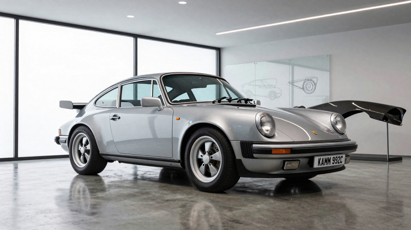 Carro esportivo clássico prata Porsche 911 em exposição interna com capô aberto ao fundo.
