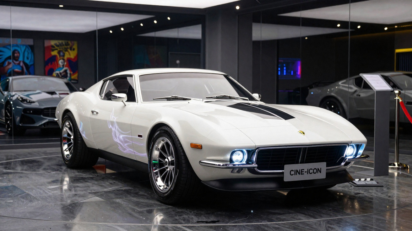 Carro esportivo clássico branco com faixa preta e luzes acesas em museu automotivo.