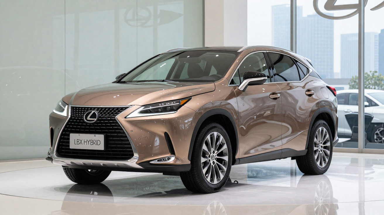 SUV Lexus NX 2023 bronze com design moderno em showroom iluminado e teto solar.