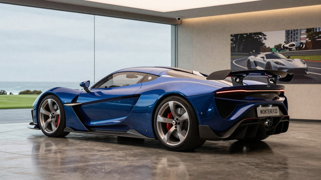 Carro esportivo azul moderno estacionado em ambiente interno com piso de cimento polido e janela panorâmica.