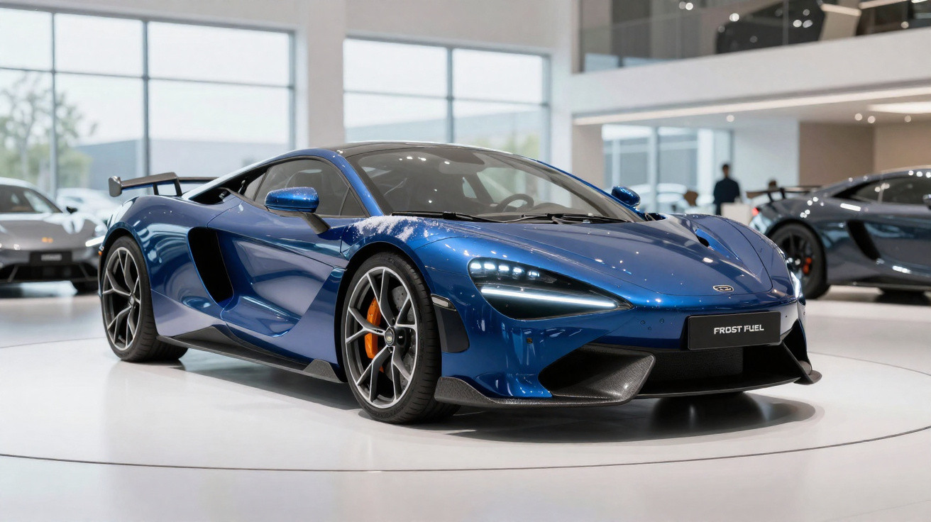 Carro esportivo azul metálico em exposição dentro de showroom moderno e iluminado.