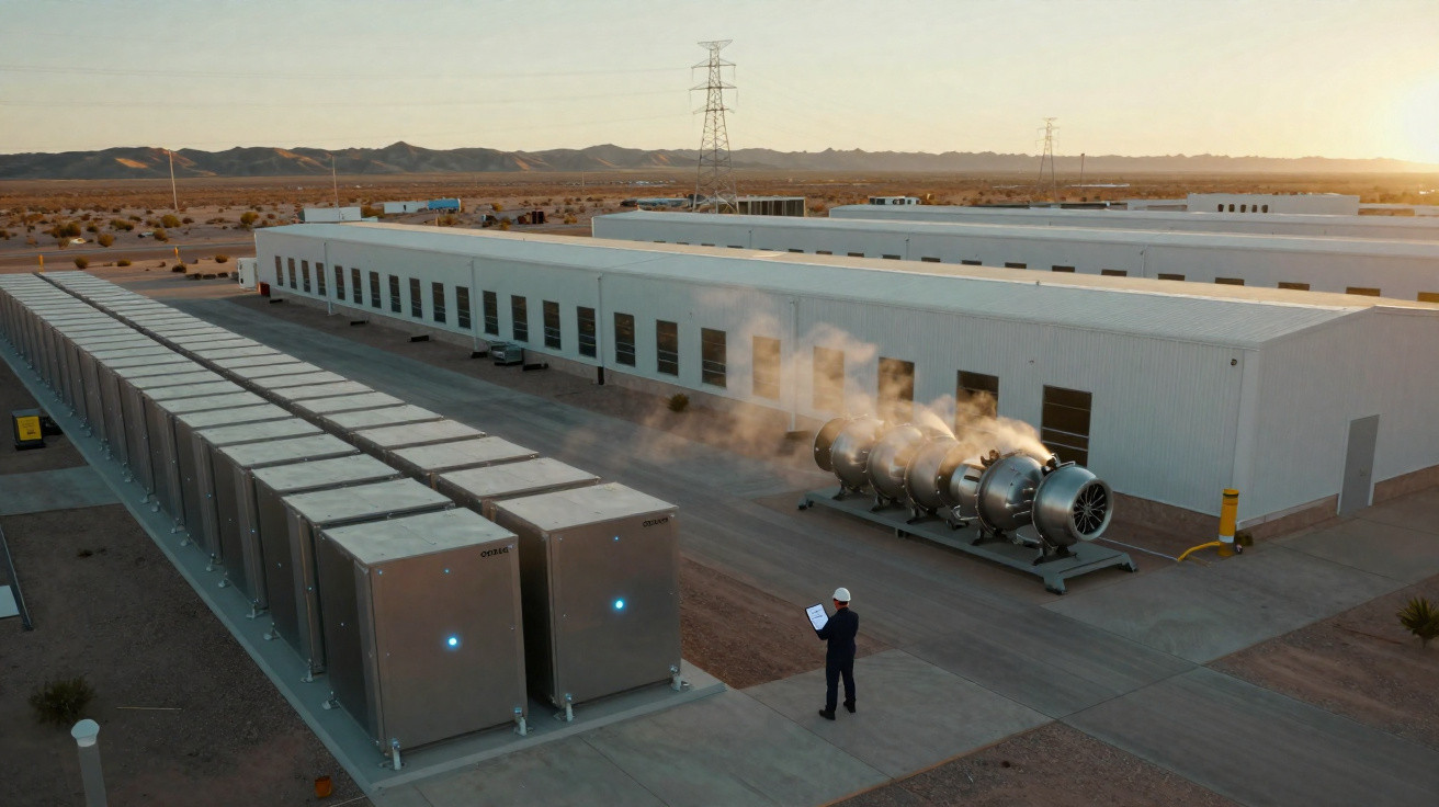 Instalação industrial com grandes containers metálicos e máquinas liberando vapor em área externa ao entardecer.