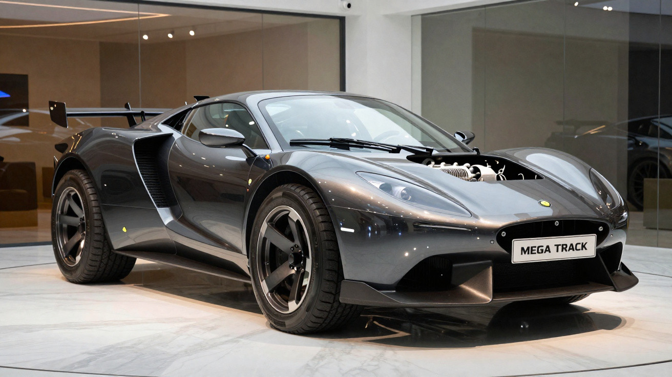Carro esportivo cinza metálico com design aerodinâmico exposto em ambiente interno moderno.