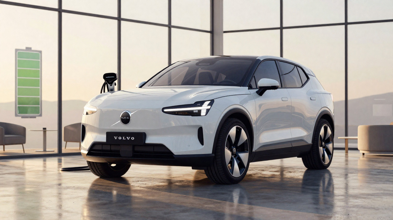 Carro elétrico Volvo branco em ambiente interno próximo a estação de recarga e bateria eletrônica exibida.