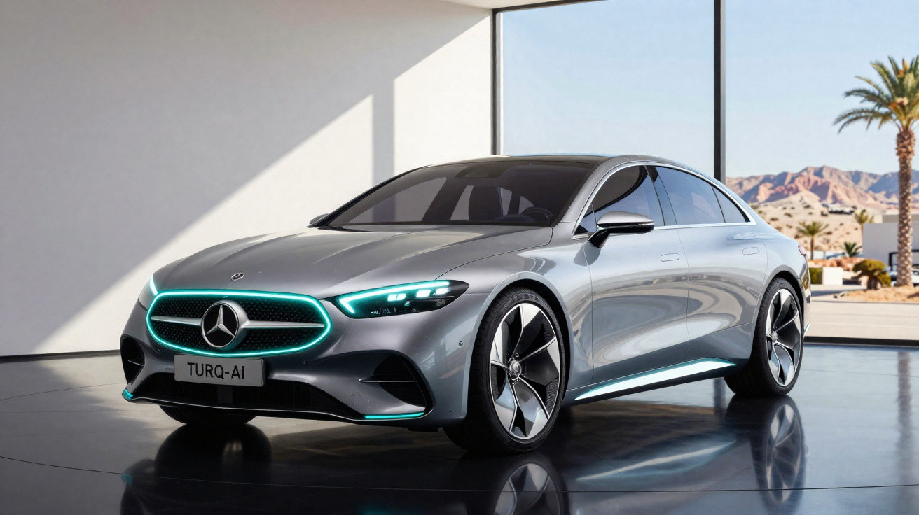 Carro elétrico Mercedes-Benz cinza com luzes azuis em ambiente interno moderno com janela panorâmica.
