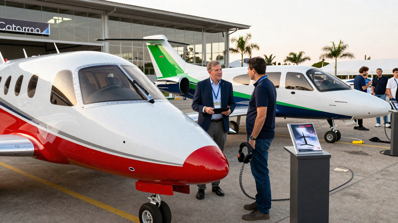 Dois homens conversam perto de pequenos jatos executivos expostos ao ar livre em evento aeronáutico.