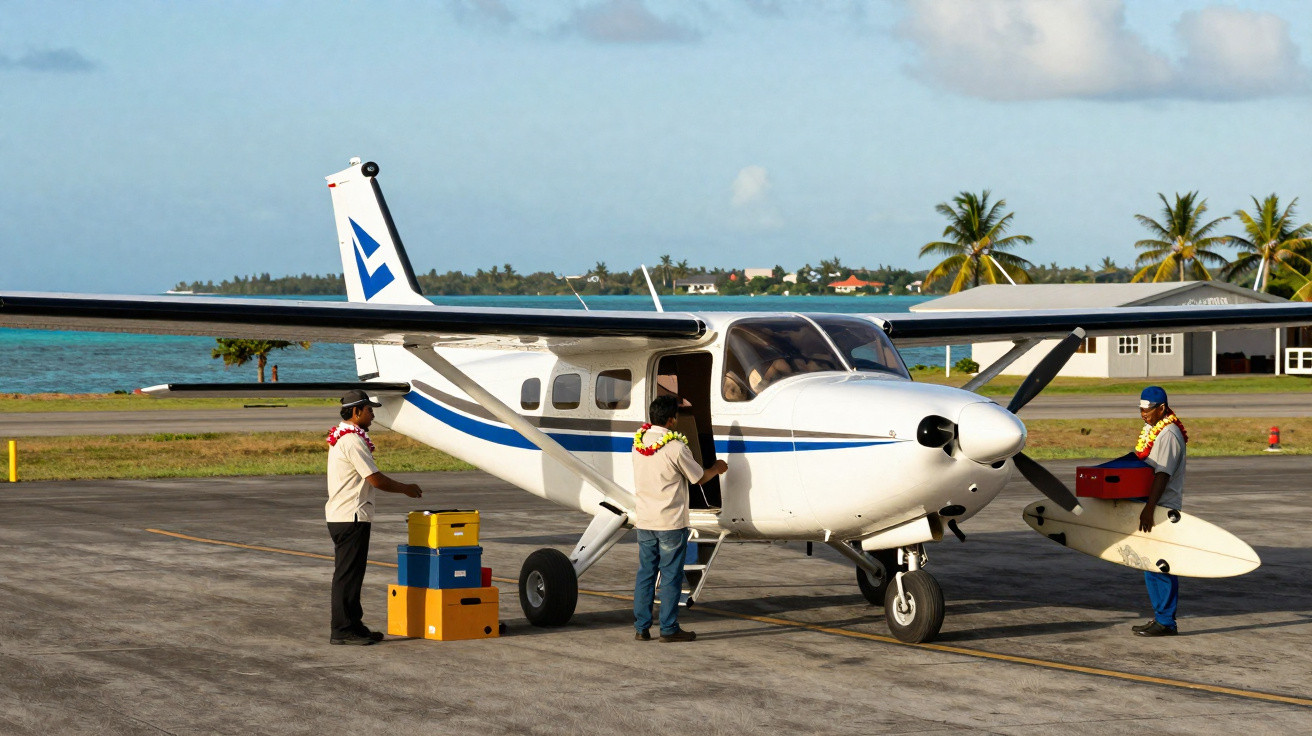 Avião pequeno branco sendo carregado por três pessoas na pista próxima ao mar com palmeiras ao fundo.