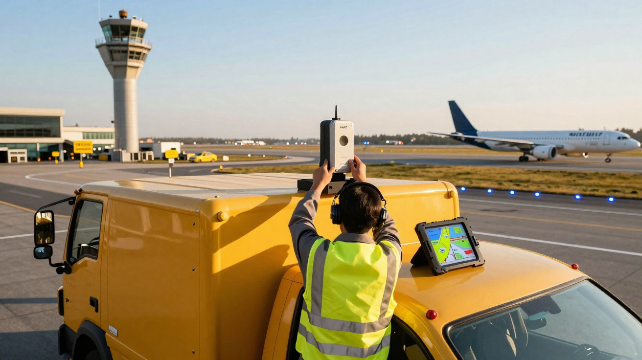 Profissional com colete refletivo usando equipamento sobre carro amarelo em pista de aeroporto ao pôr do sol.
