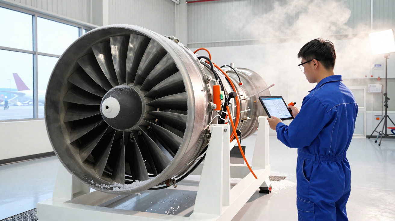 Técnico em macacão azul inspeciona motor a jato com equipamento de teste em laboratório moderno.